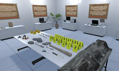 A room featuring a table covered with investigative tools.
        